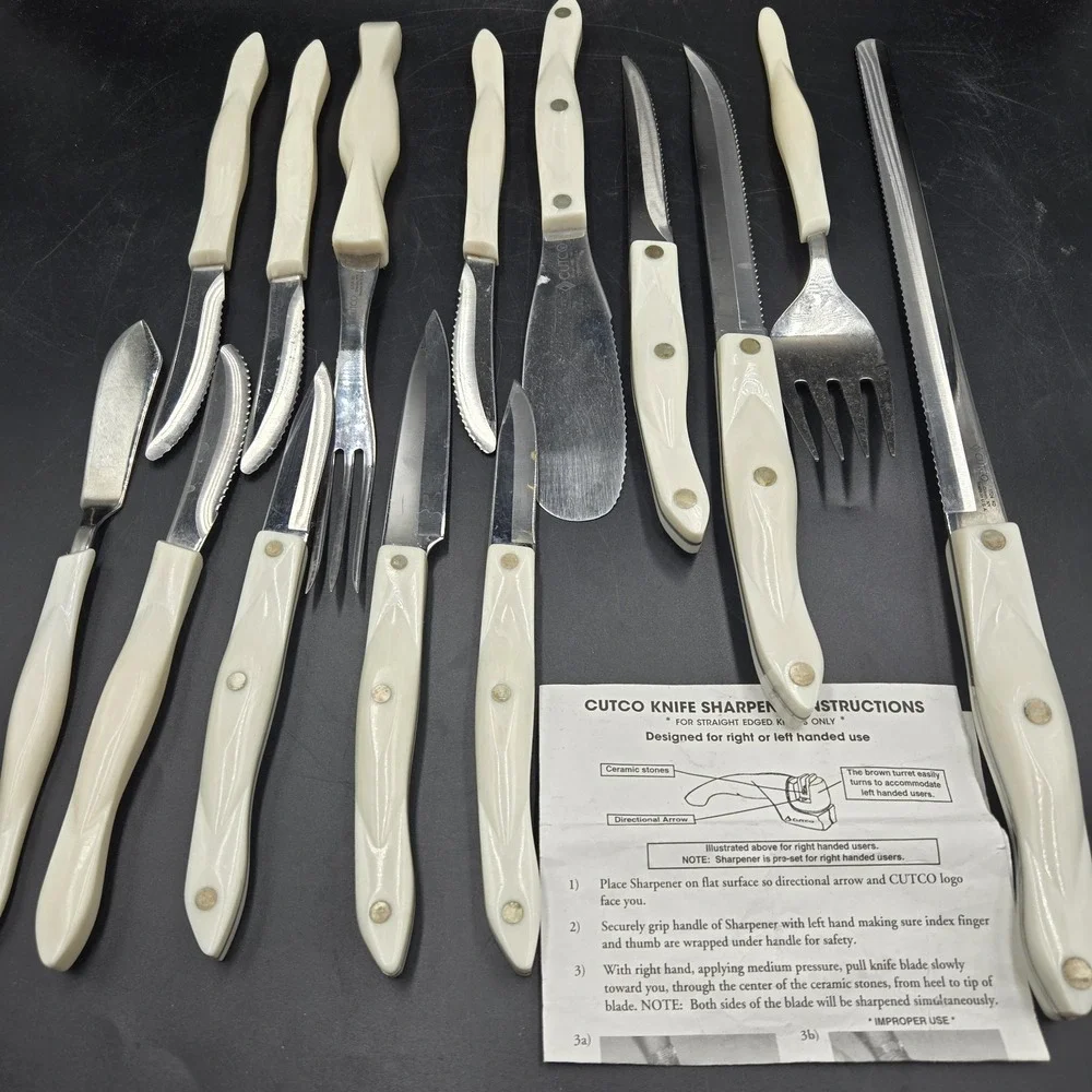 Vintage CUTCO Pearl White Knife Set 14 Piece USA Made Spatula Forks Steak Knives